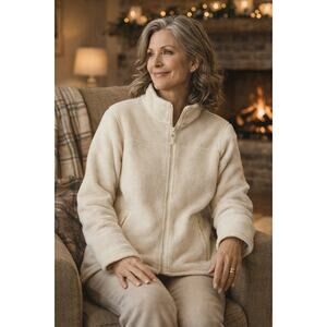 Talbots Women's XL Full Zip Sherpa Jacket Cream EUC Cozycore Fuzzy Sweater